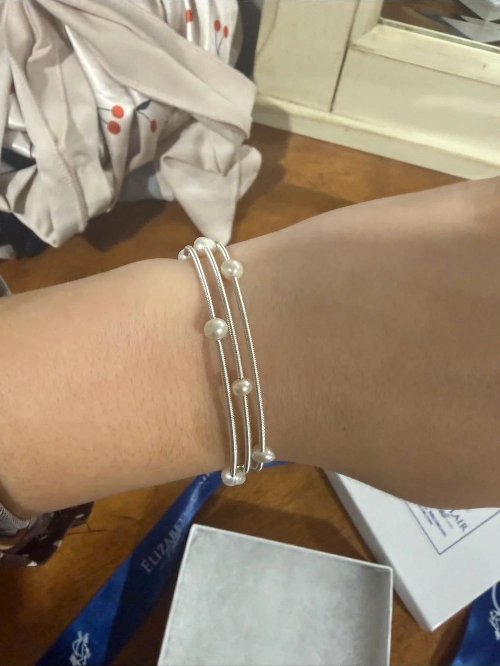 Silver Real Pearl Wire Bangle Bracelet